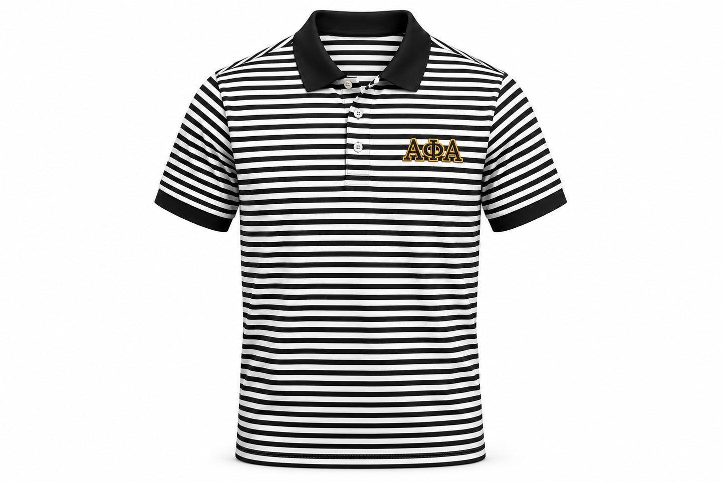 
                  
                    Alpha Phi Alpha Black and White Stripe Polo
                  
                